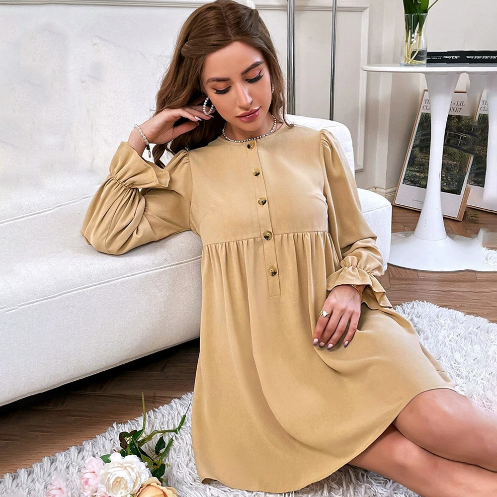 ZARA New Fresh Sweet Loose Single Breasted Round Neck Long Sleeve Babydoll Dress